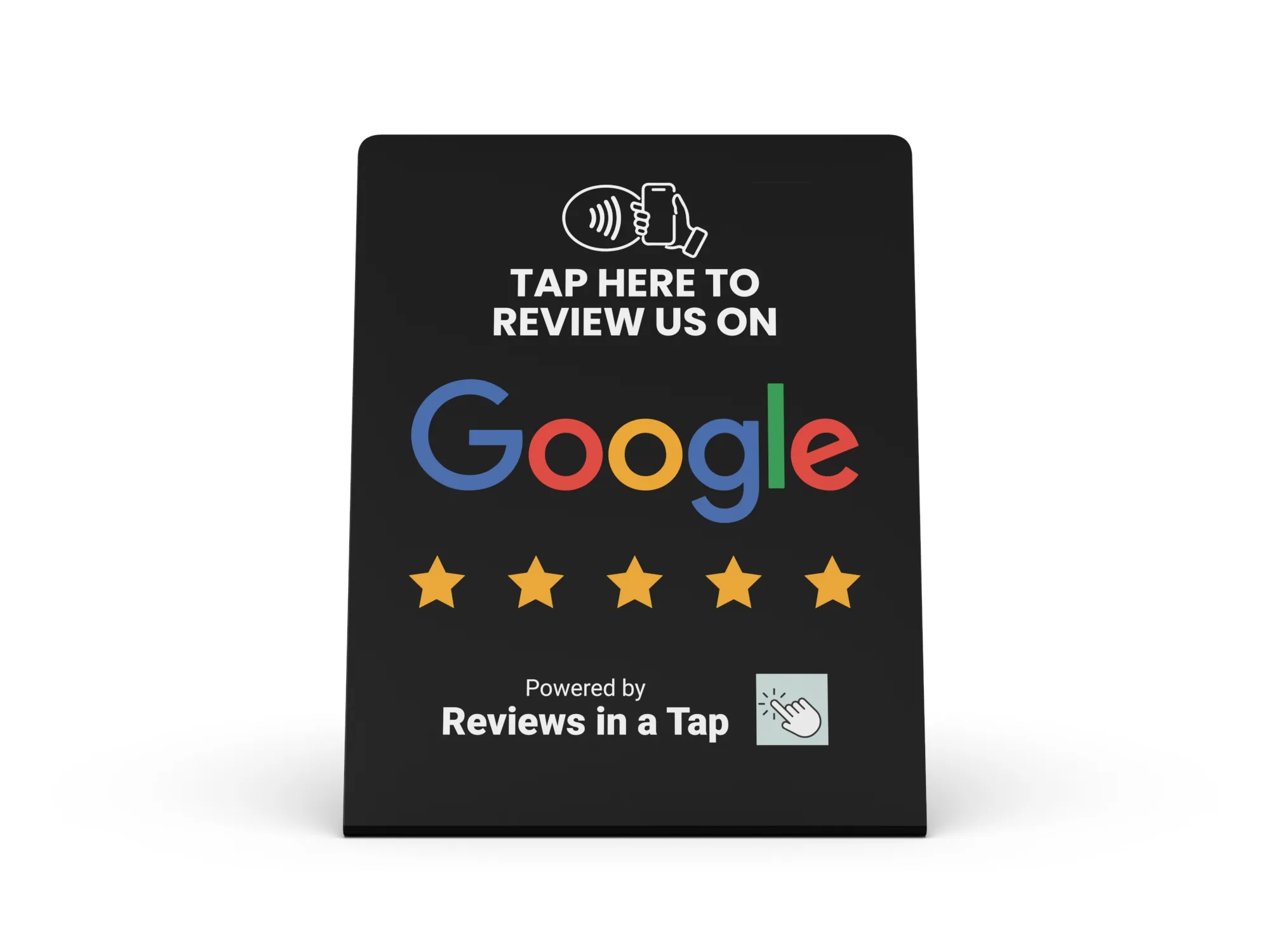 Google reviews in a tap black stand